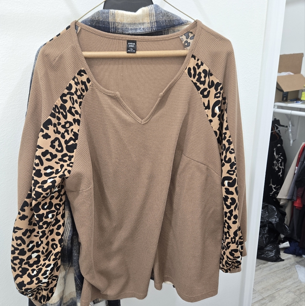 SHEIN Tan and Brown Long Sleeve Tee with Leopard Accents